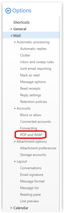 Settings for POP or IMAP access.