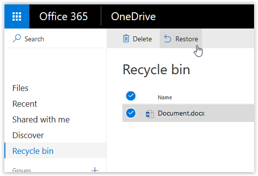 Restore document option in the recycle bin in OneDrive