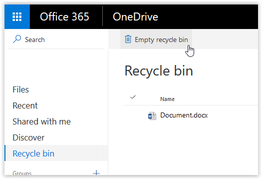 Empty recycle bin button in OneDrive