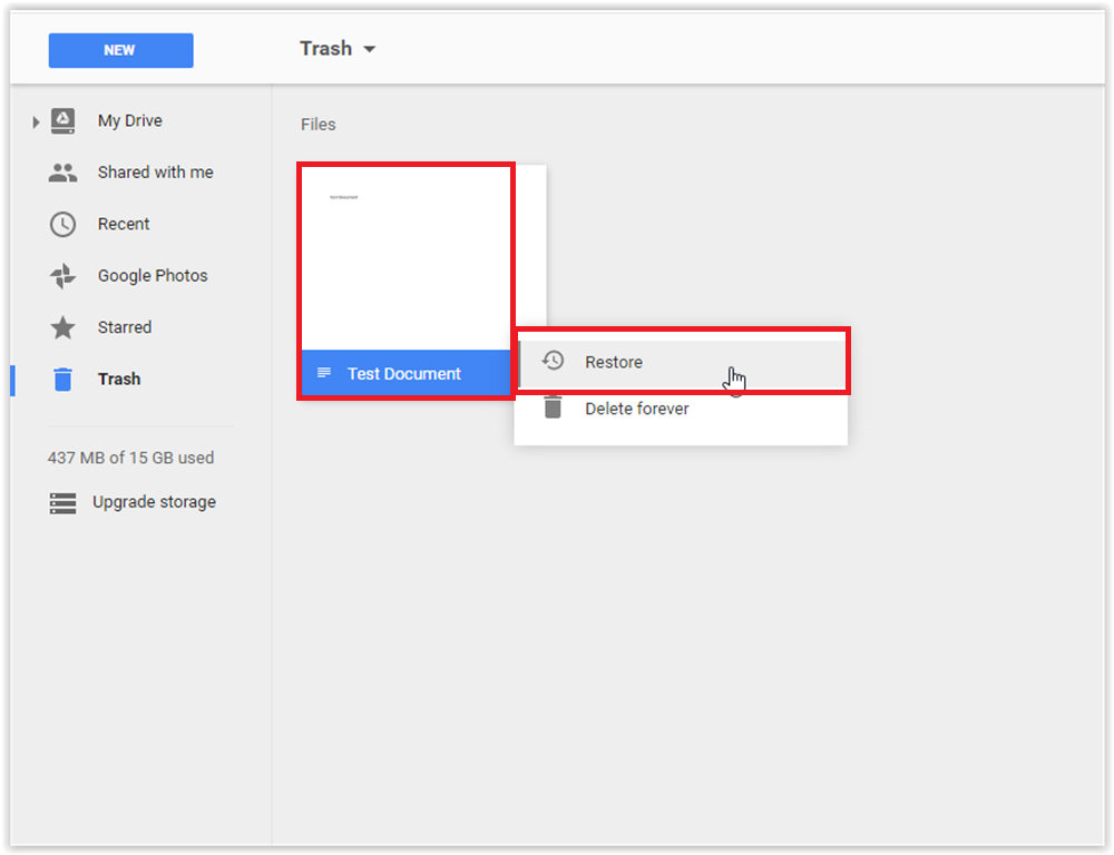 Trash category with file selected. Right-click to restore