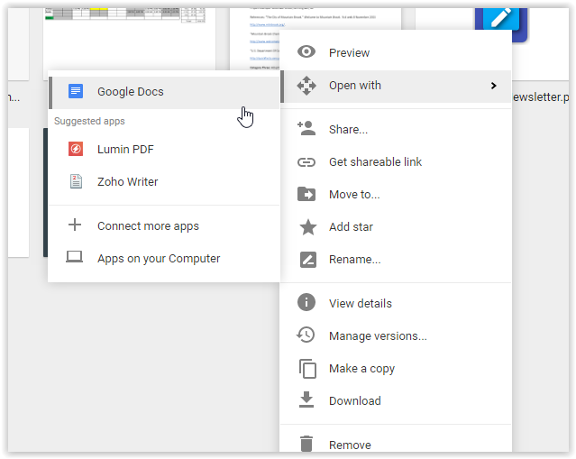 clicking open with in google drive file menu then clicking Goodle Doc