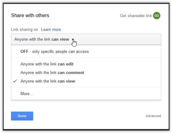 File access setting selection in Google Drive