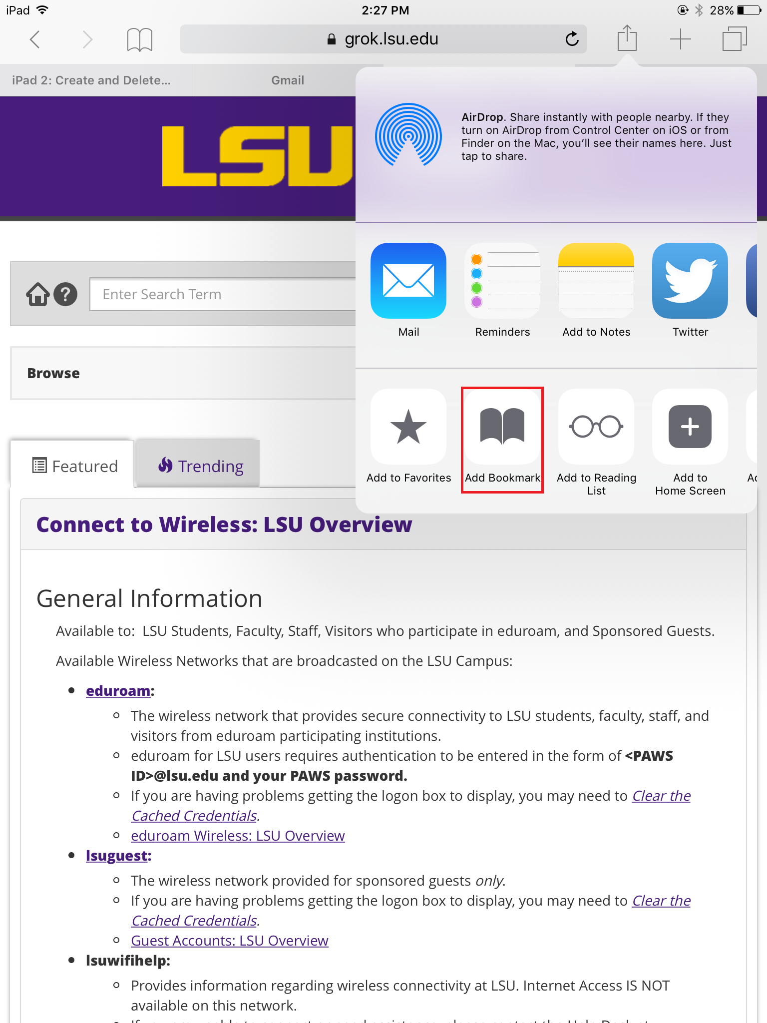 Add bookmark highlighted at the top of the screen.