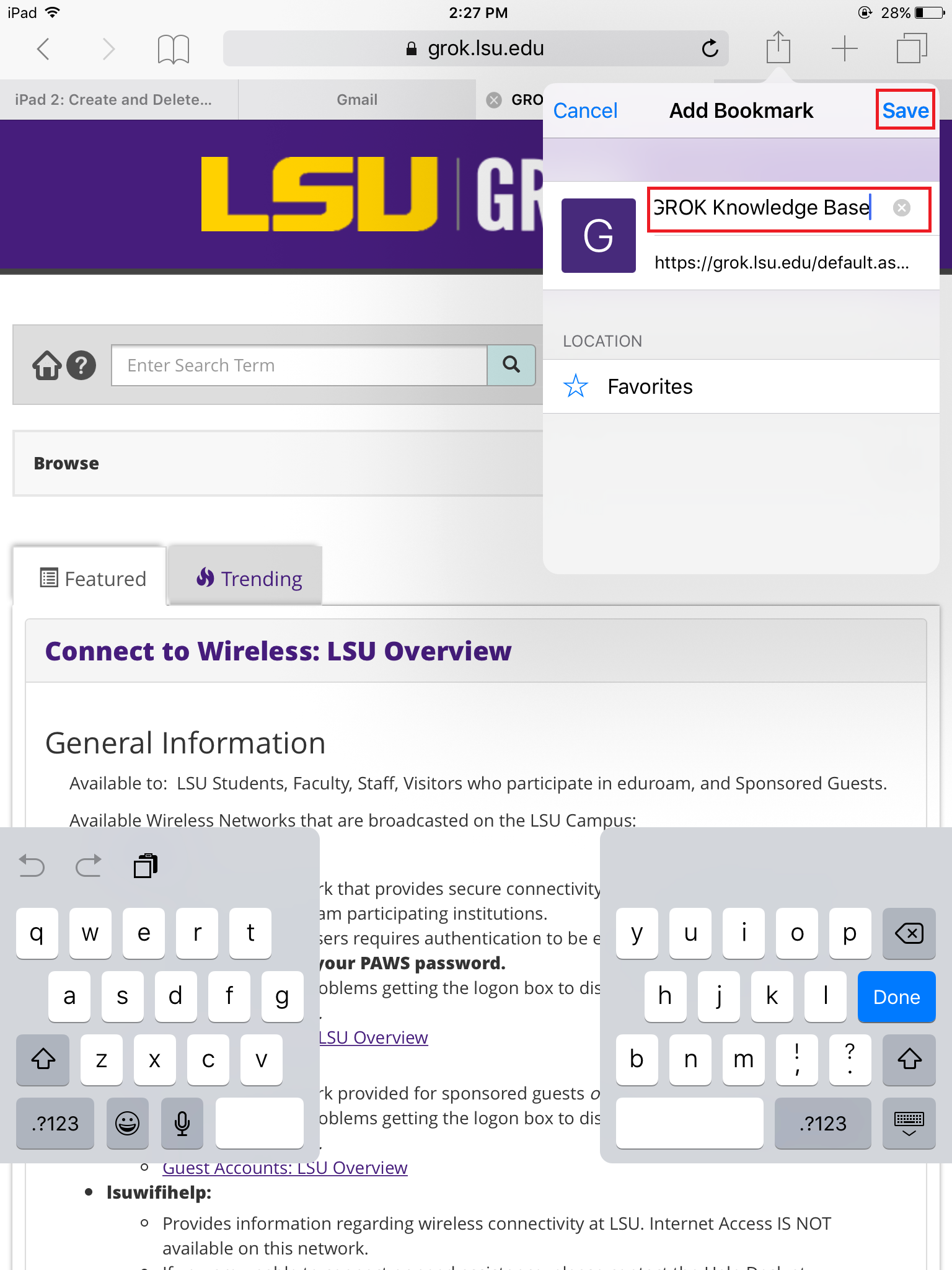 Add a bookmark window with name and save highlighted.