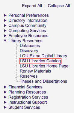 myLSU Libraries Catalog link