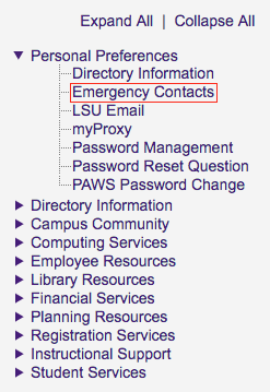 myLSU Emergency Contacts link