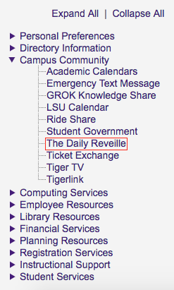 myLSU The Daily Reveille link at the left hand menu