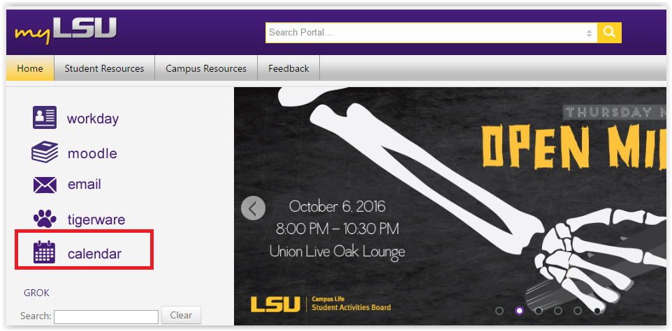 Calendar icon on home page