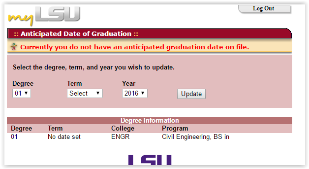 Graduation Date options and update button