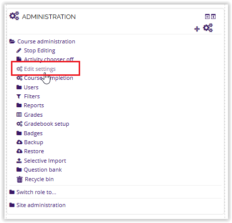 edit settings button on the administration block