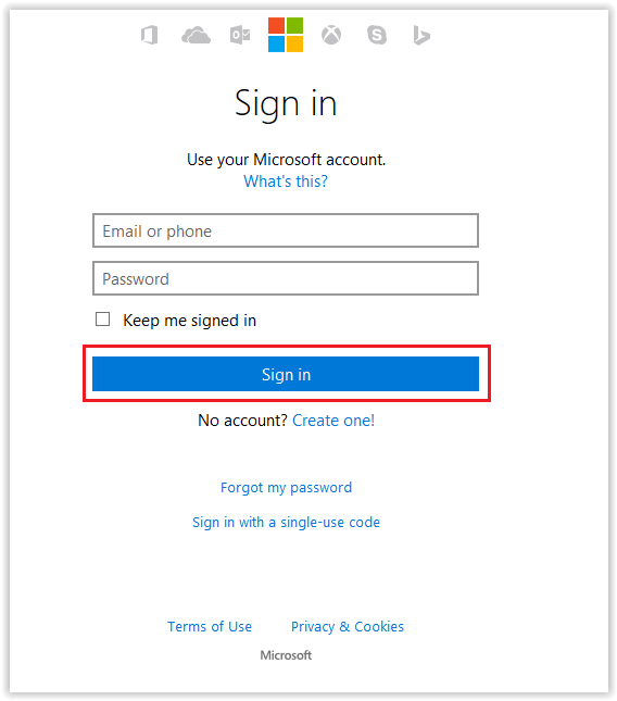Microsoft sign in menu