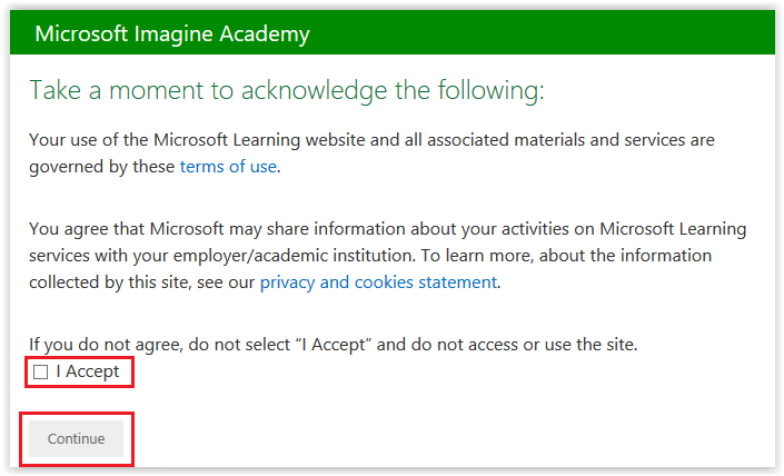 Agreement to terms window