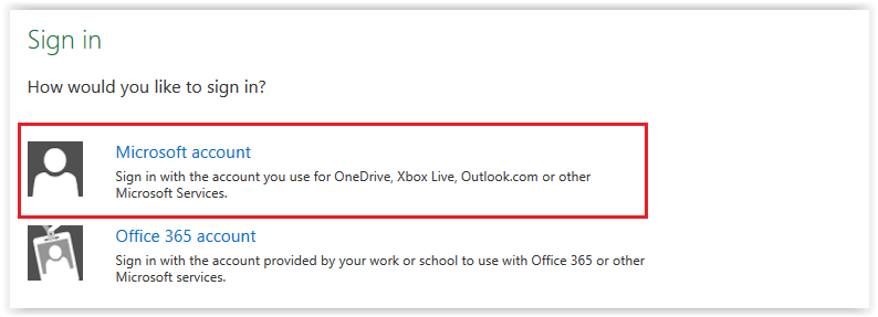 Sign in Options - Microsoft account selected.
