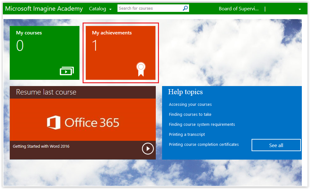 Achievement box on the Imagine Academy home page.
