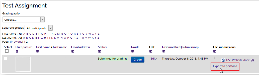 Export to Portfolio link under File Submissions