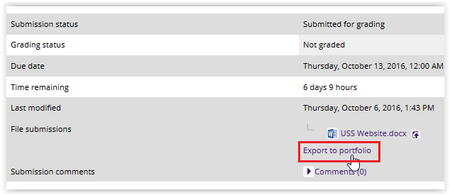 Export to portfolio link under file submissions.