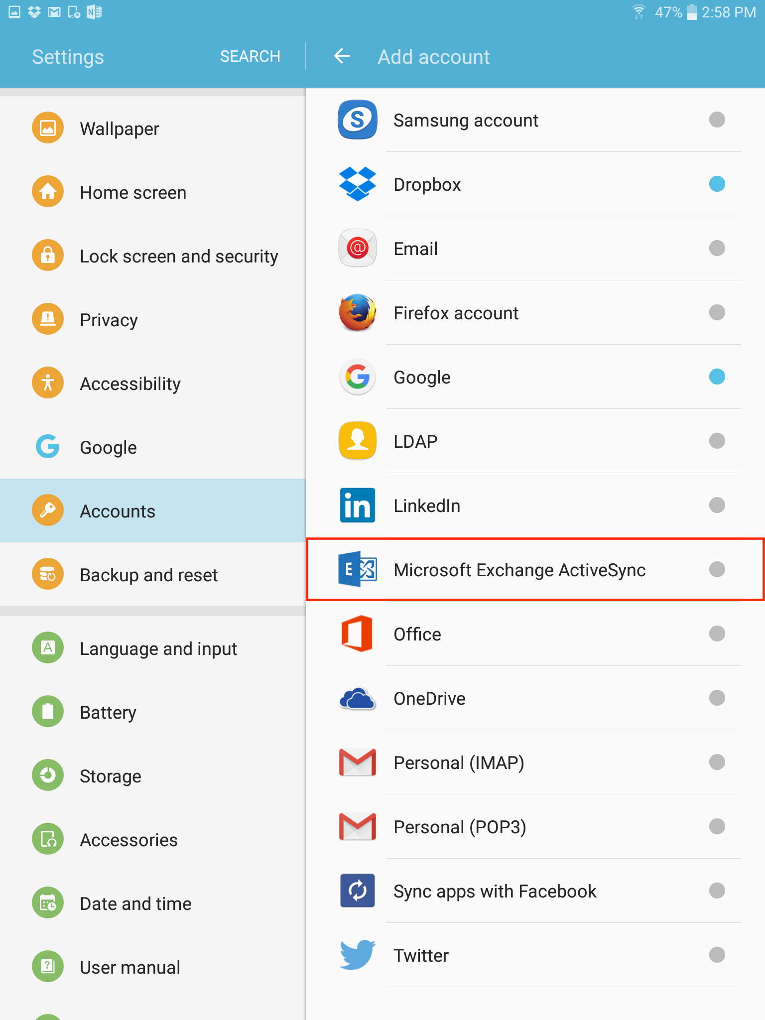Microsoft Exchange ActiveSync option