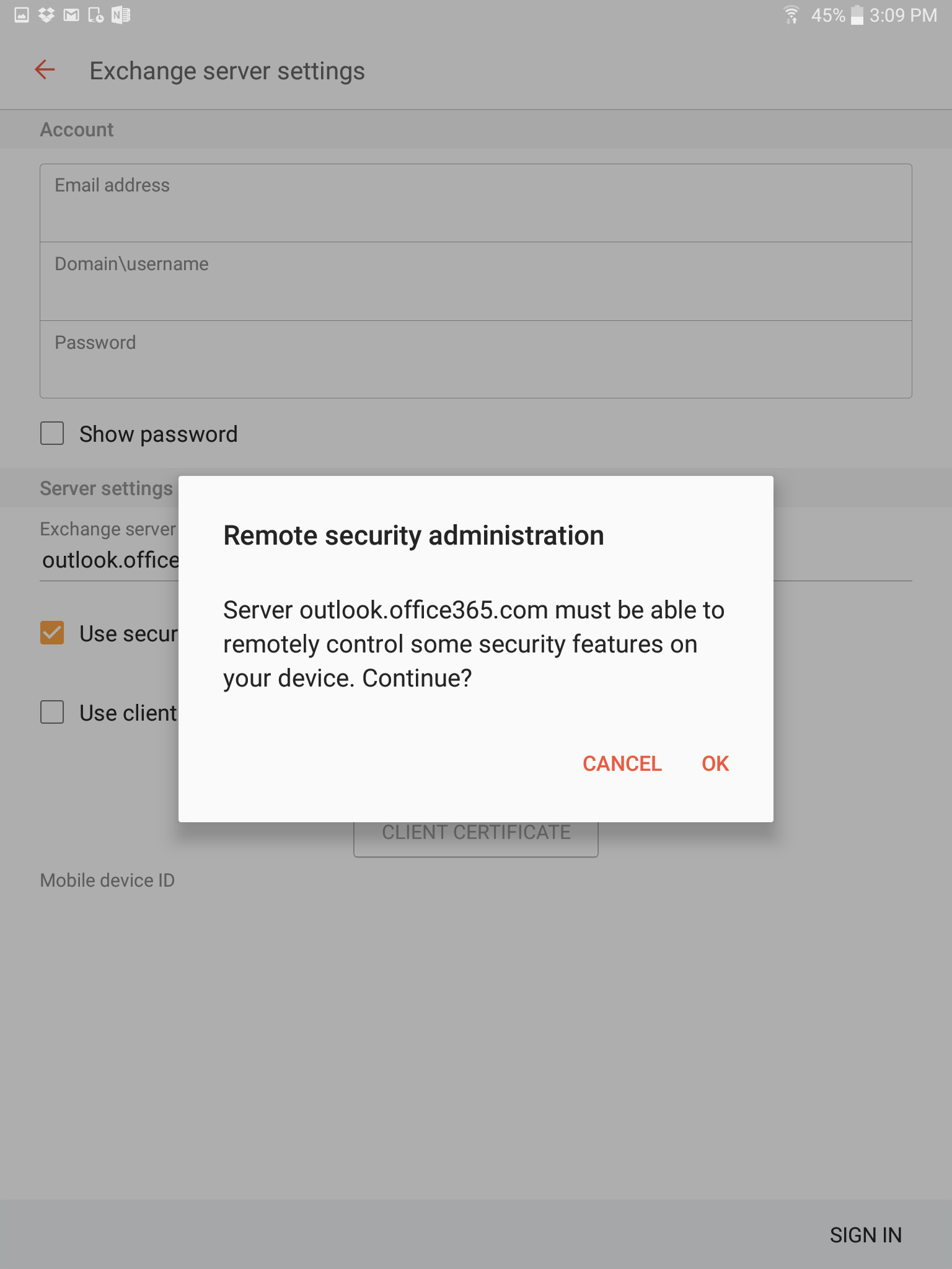 Remote Security Administration window