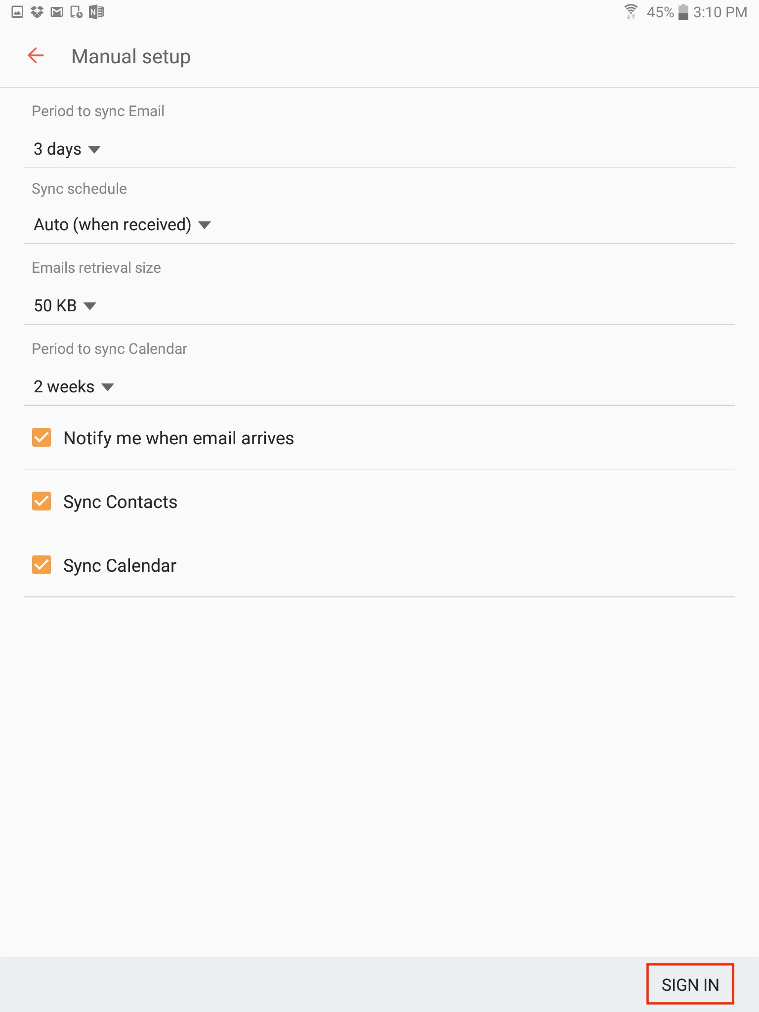 Manual setup options