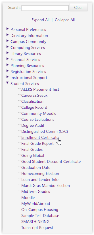 enrollment certificate option under student services in mylsu