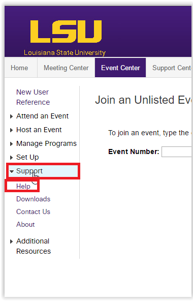 the support drop down menu with help highlighted