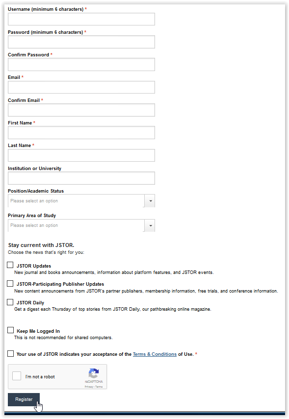 JSTOR sign up screen