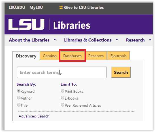 LSU Libraries Databases tab