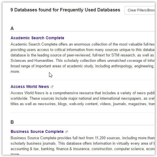 Frequently Used Databases window