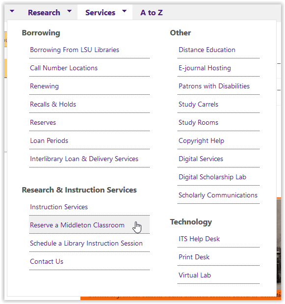reserve a middleton classroom button on lsu libraries homepage