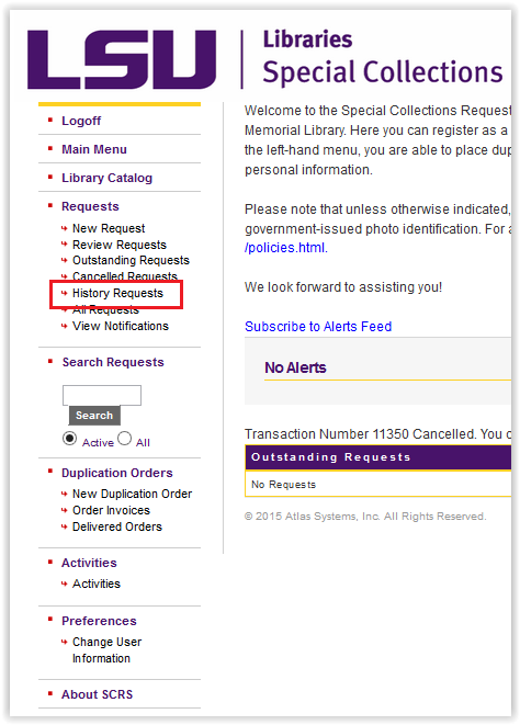 history requests under requests section in the left sidebar