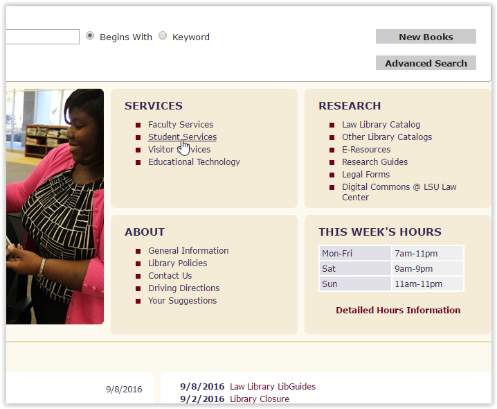 Student Services link selected in the middle of the screen under Services section.
