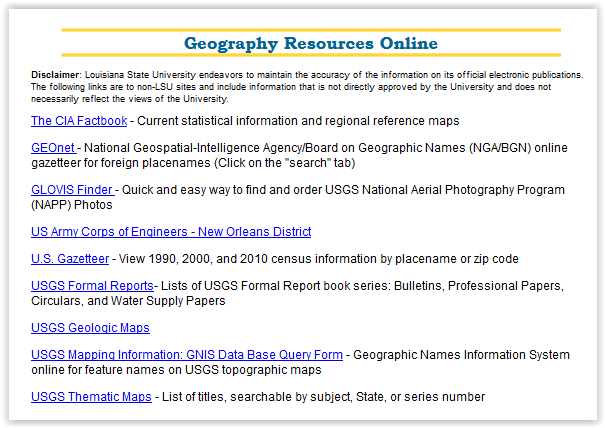 list of online geographic resources in LSU CIC