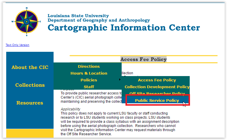 Public Service Policy on the Policies dropdown