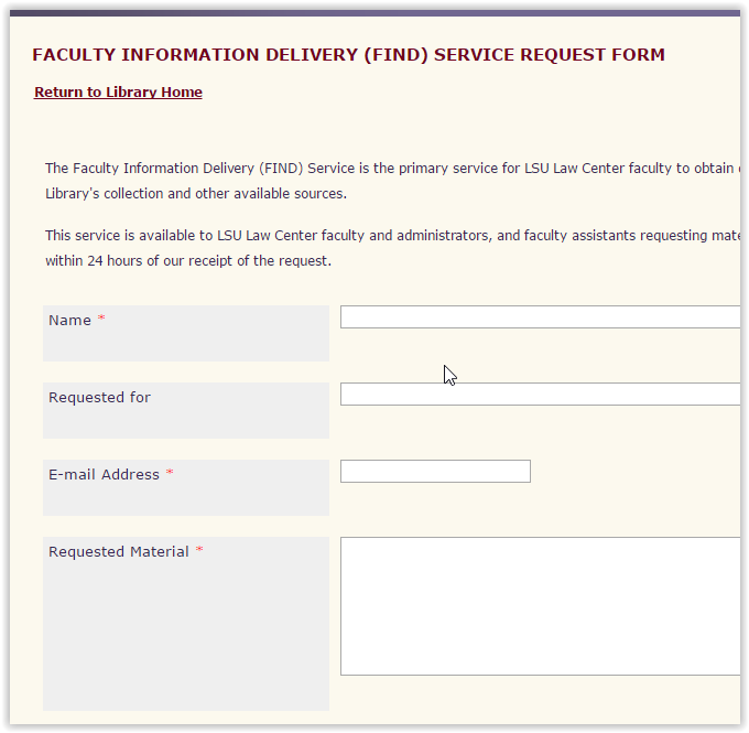 the Faculty Information Delivery (FIND) Service Request Form Page.