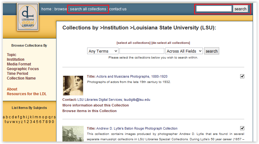 LOUIS Libraries home page showing the search box highlighted