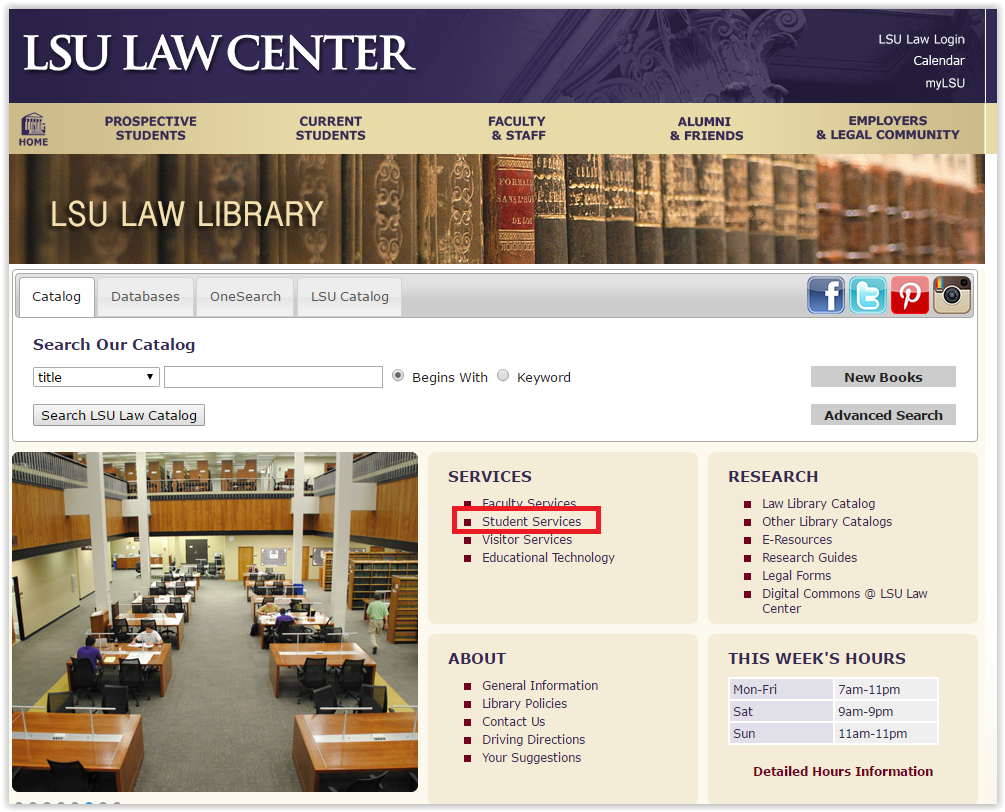 the student services link on the Law library webpage