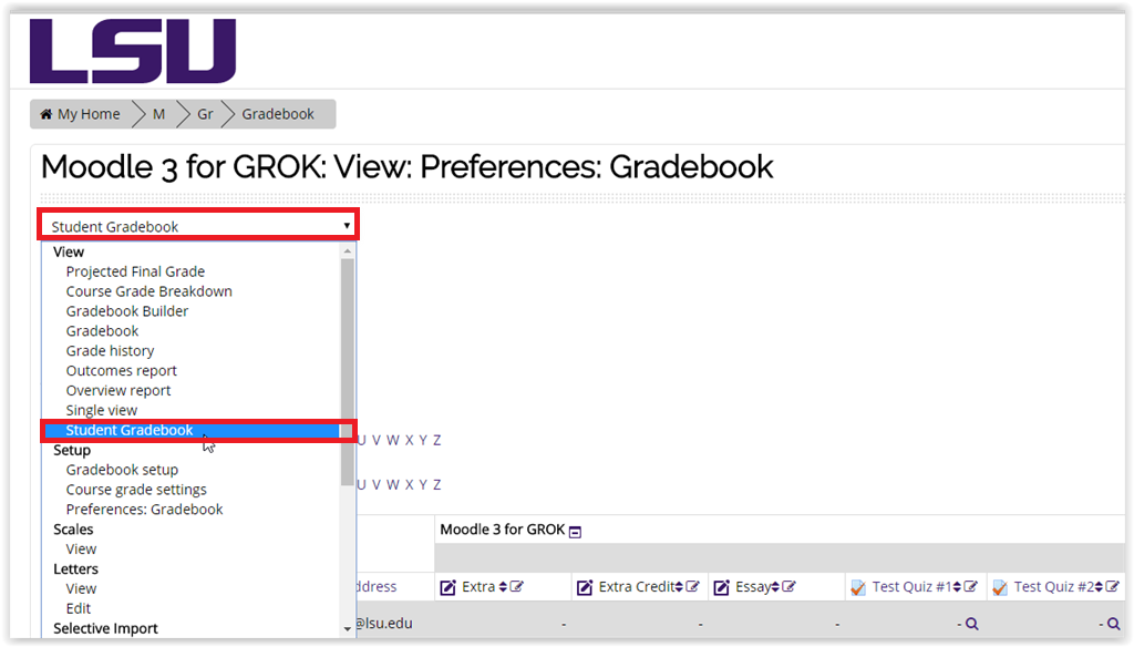 Student Gradebook from the drop-down menu