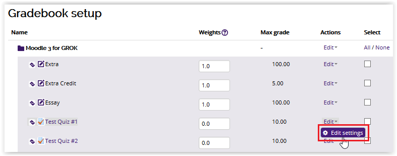 Edit Settings button for a grade