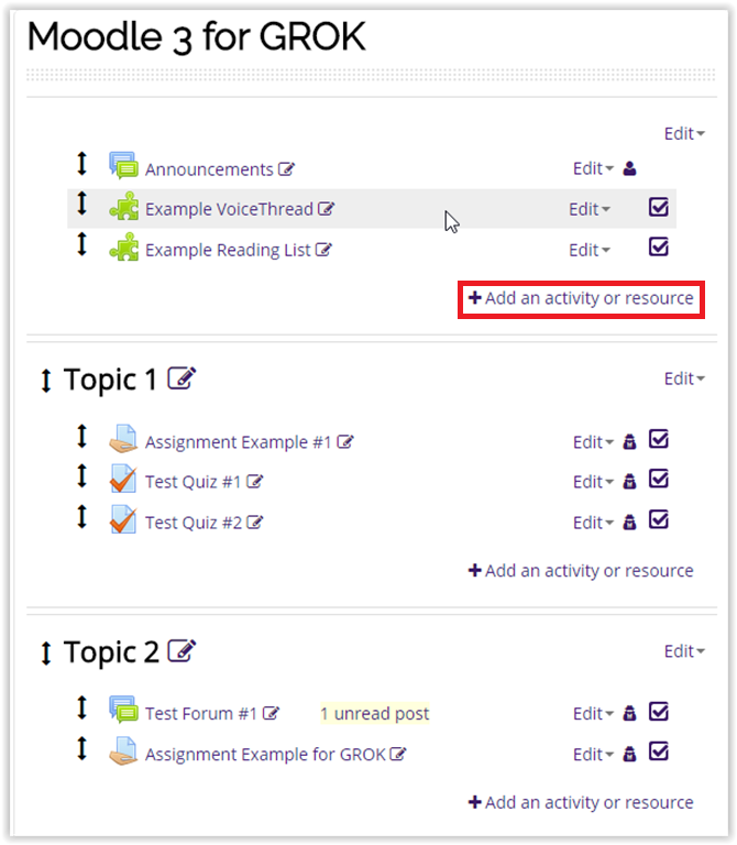Add an activity or resource button