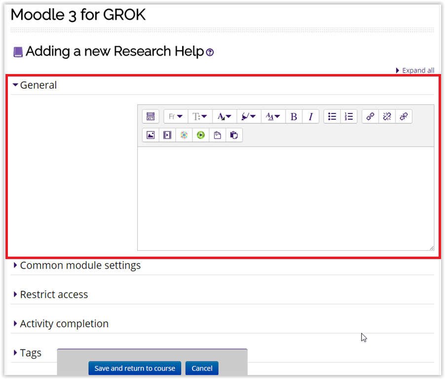 Filling out information in the General section