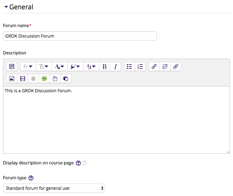 Forum General Settings showing forum name, description, and type