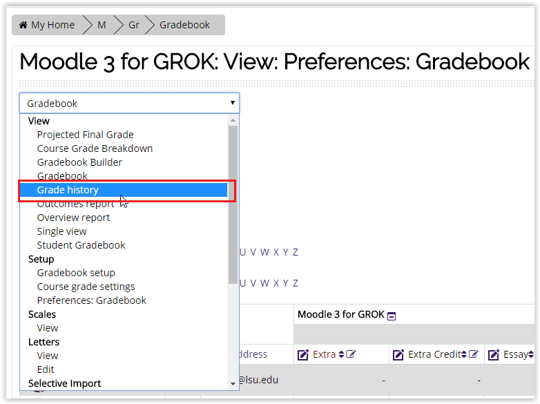 Grade History in the drop-down menu