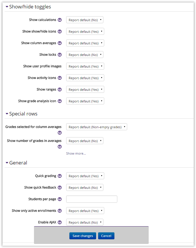 Gradebook preferences and settings webpage.