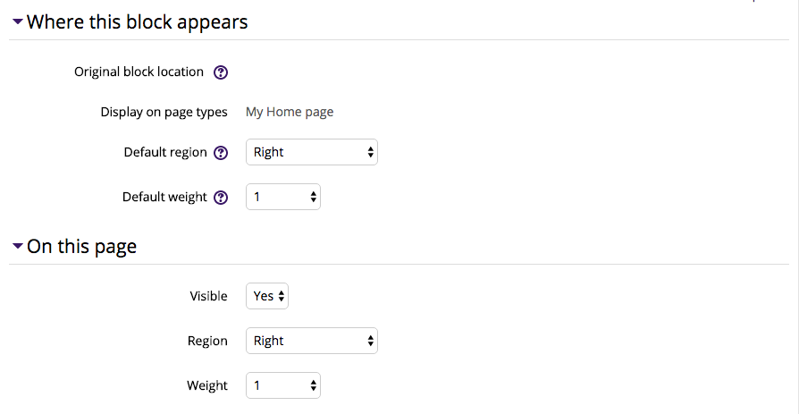 Configure Block settings, showing the where this block appears and on this page sections
