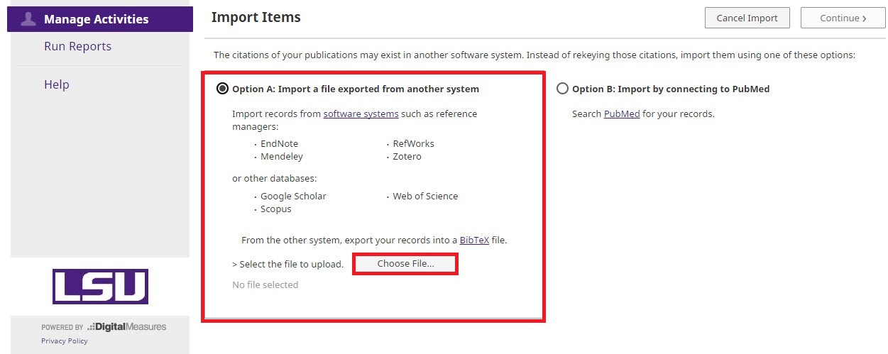 Selecting and navigating Option A