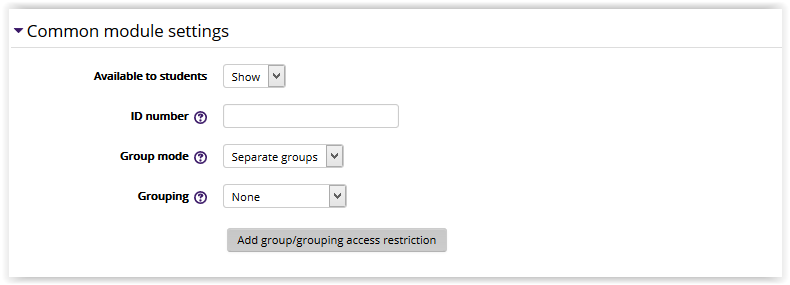 Common Module Settings section with availability to students, ID number, and grouping options