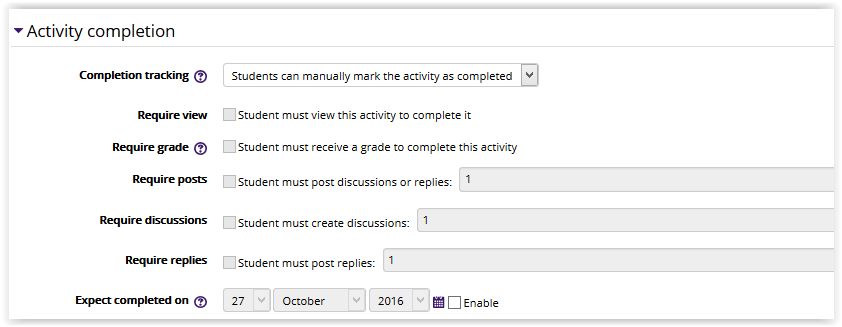 activity completion settings drop down