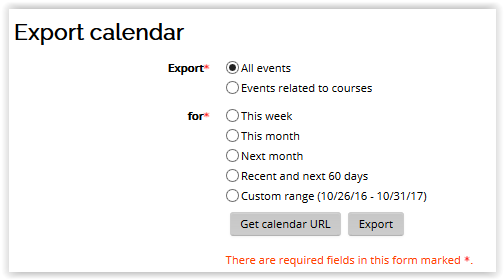 the export options page for the Calendar.