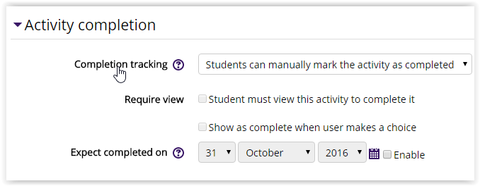 Activity Completion settings