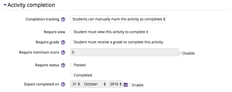 Activity Completion Settings